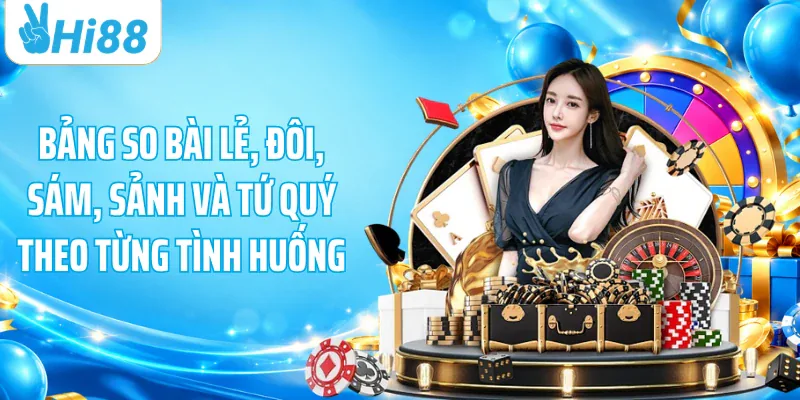 Bảng so bài lẻ, đôi, sám, sảnh và tứ quý theo từng tình huống